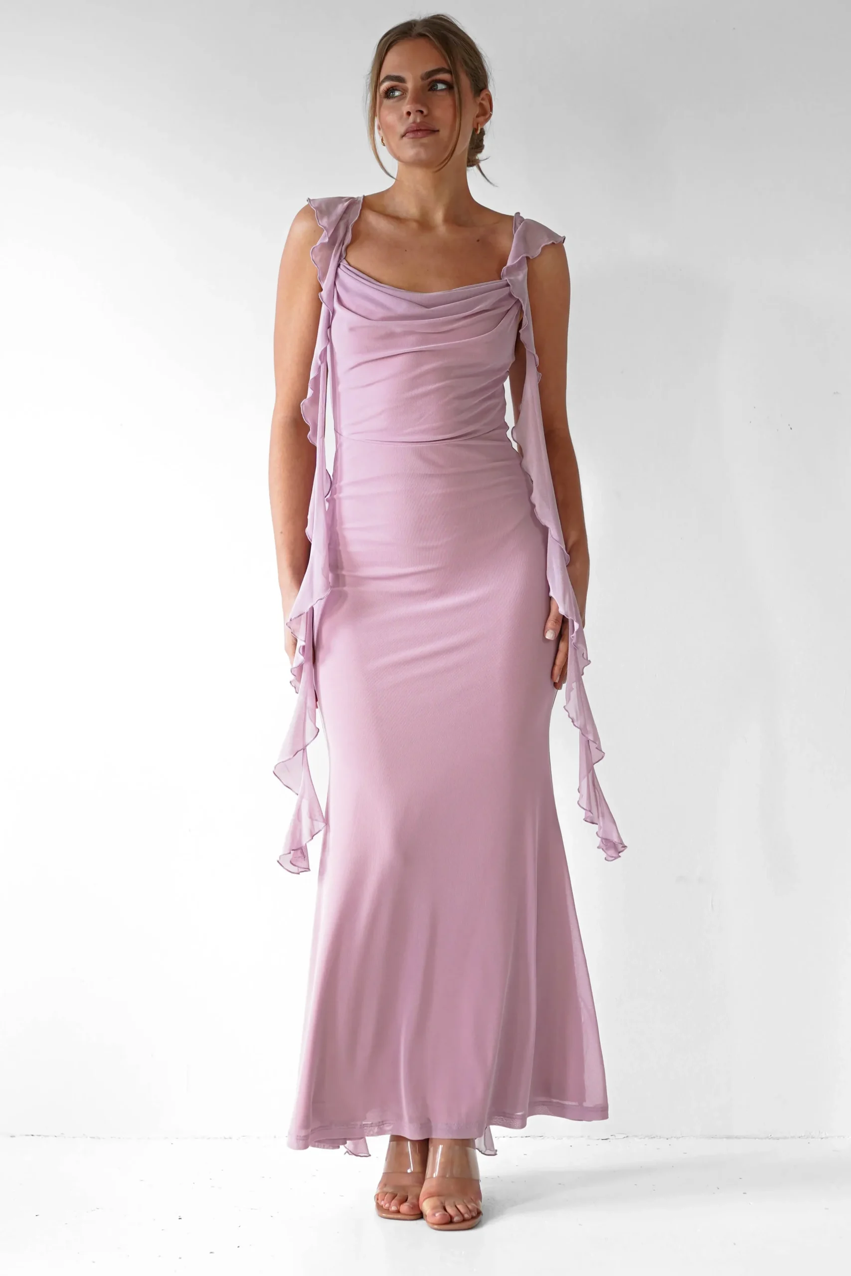 Hot Miranda Ruffle Midaxi Dress | Mauve Lange Kleider|Maxikleider