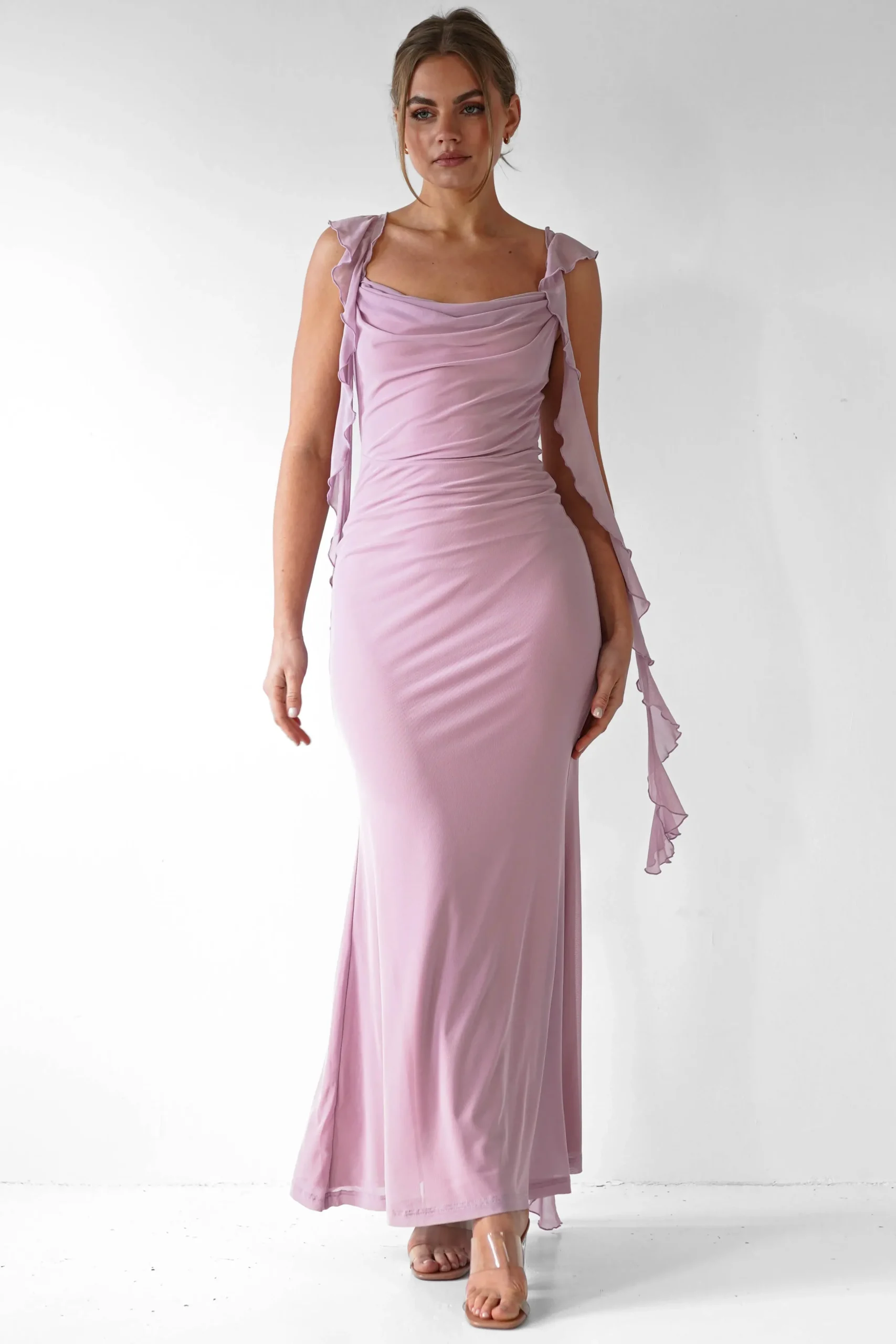 Hot Miranda Ruffle Midaxi Dress | Mauve Lange Kleider|Maxikleider