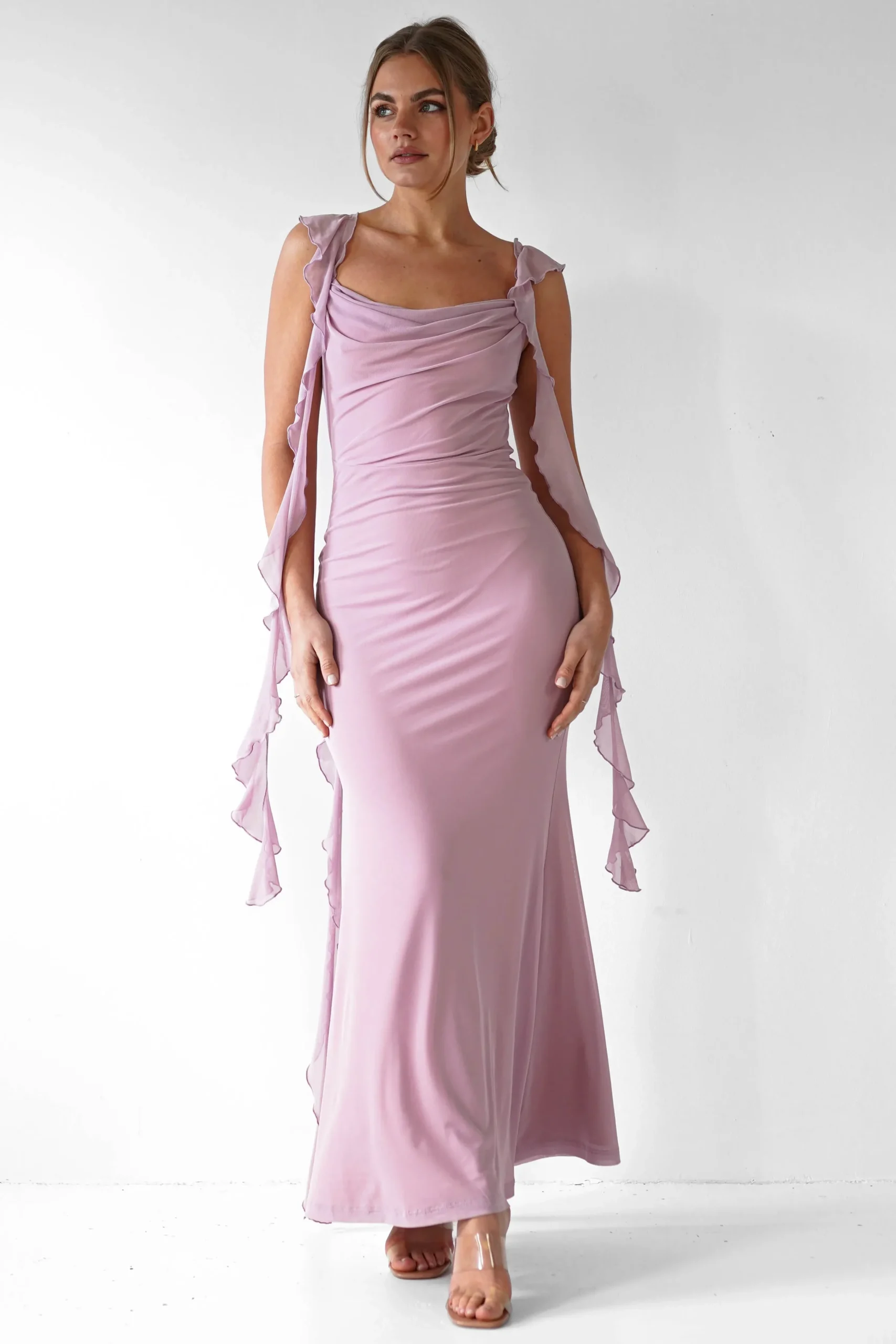 Hot Miranda Ruffle Midaxi Dress | Mauve Lange Kleider|Maxikleider