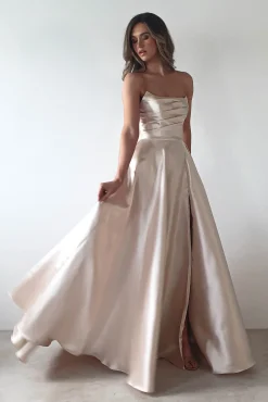 Best Miya Corset A-Line Satin Gown | Champagne Lange Kleider|Maxikleider