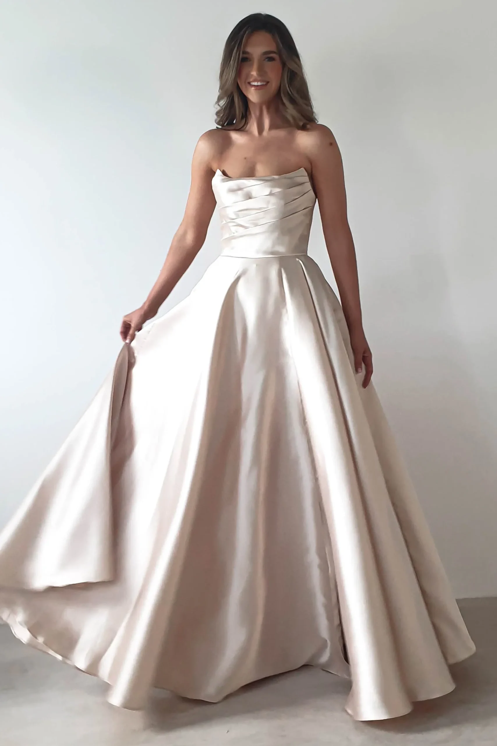 Best Miya Corset A-Line Satin Gown | Champagne Lange Kleider|Maxikleider