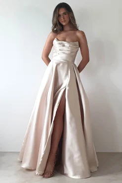 Best Miya Corset A-Line Satin Gown | Champagne Lange Kleider|Maxikleider
