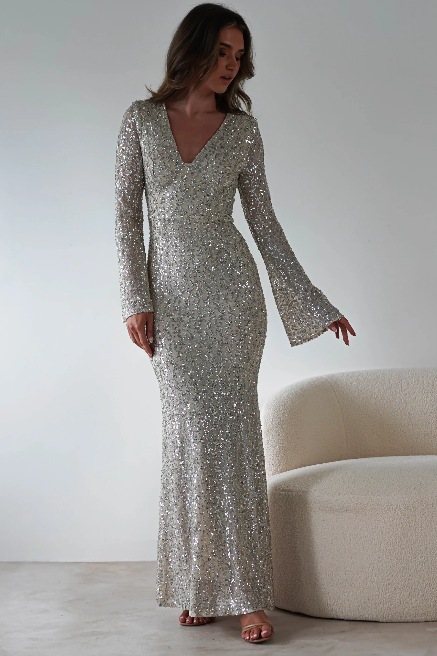 Discount Nadalia Sequin Maxi Dress | Silver/Nude Lange Kleider|Maxikleider