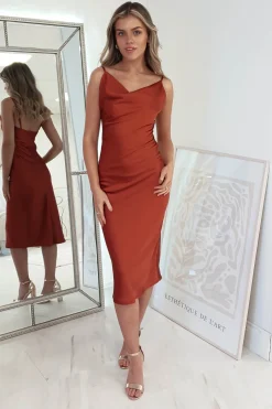 Sale Natalie Satin Cowl Neck Midi Dress | Rust Mittellange Kleider|Midi-kleider