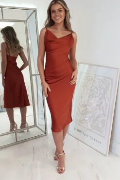 Sale Natalie Satin Cowl Neck Midi Dress | Rust Mittellange Kleider|Midi-kleider