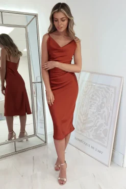 Sale Natalie Satin Cowl Neck Midi Dress | Rust Mittellange Kleider|Midi-kleider