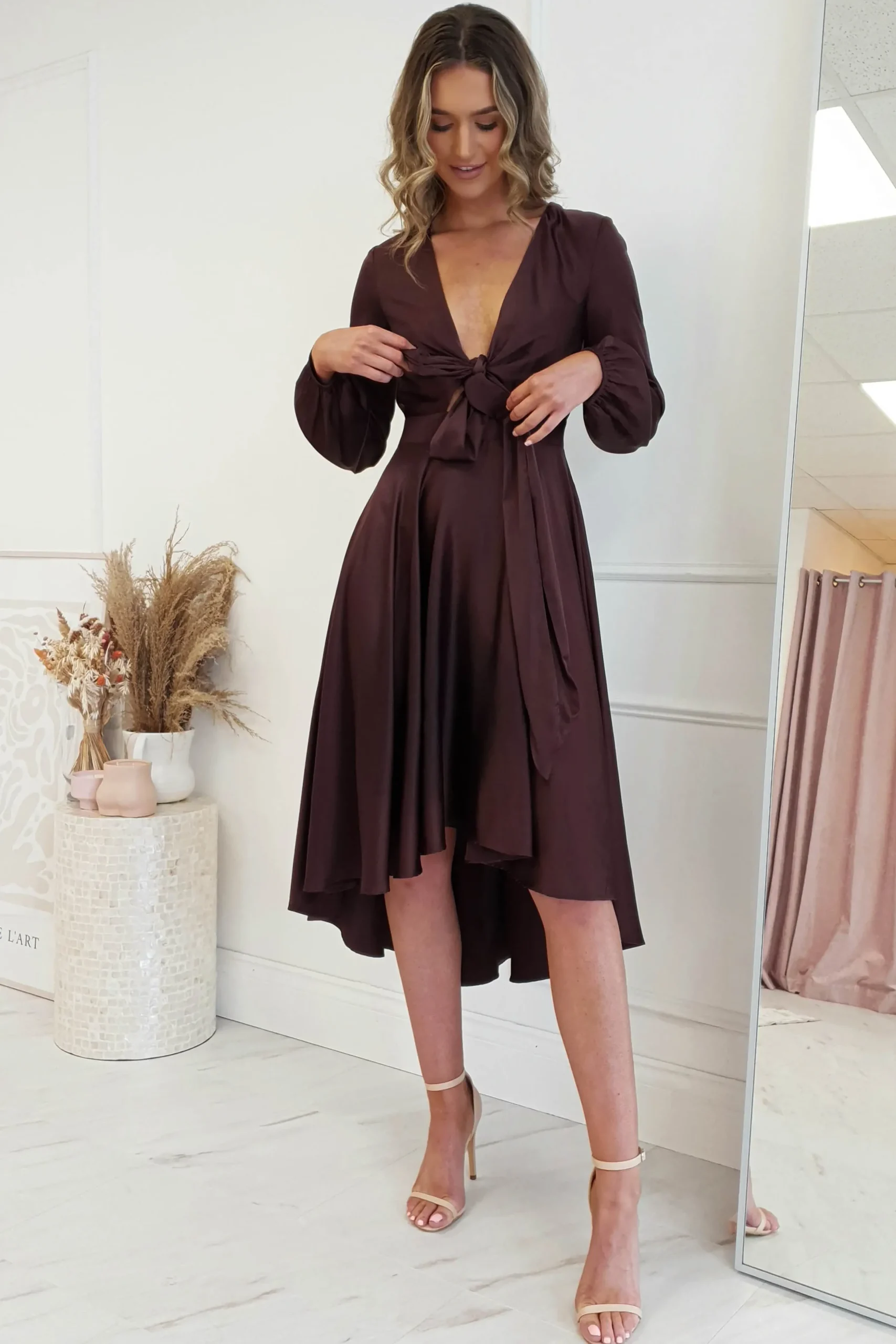 Discount Nicola Satin Tie Front Midi Dress | Chocolate Mittellange Kleider|Midi-kleider