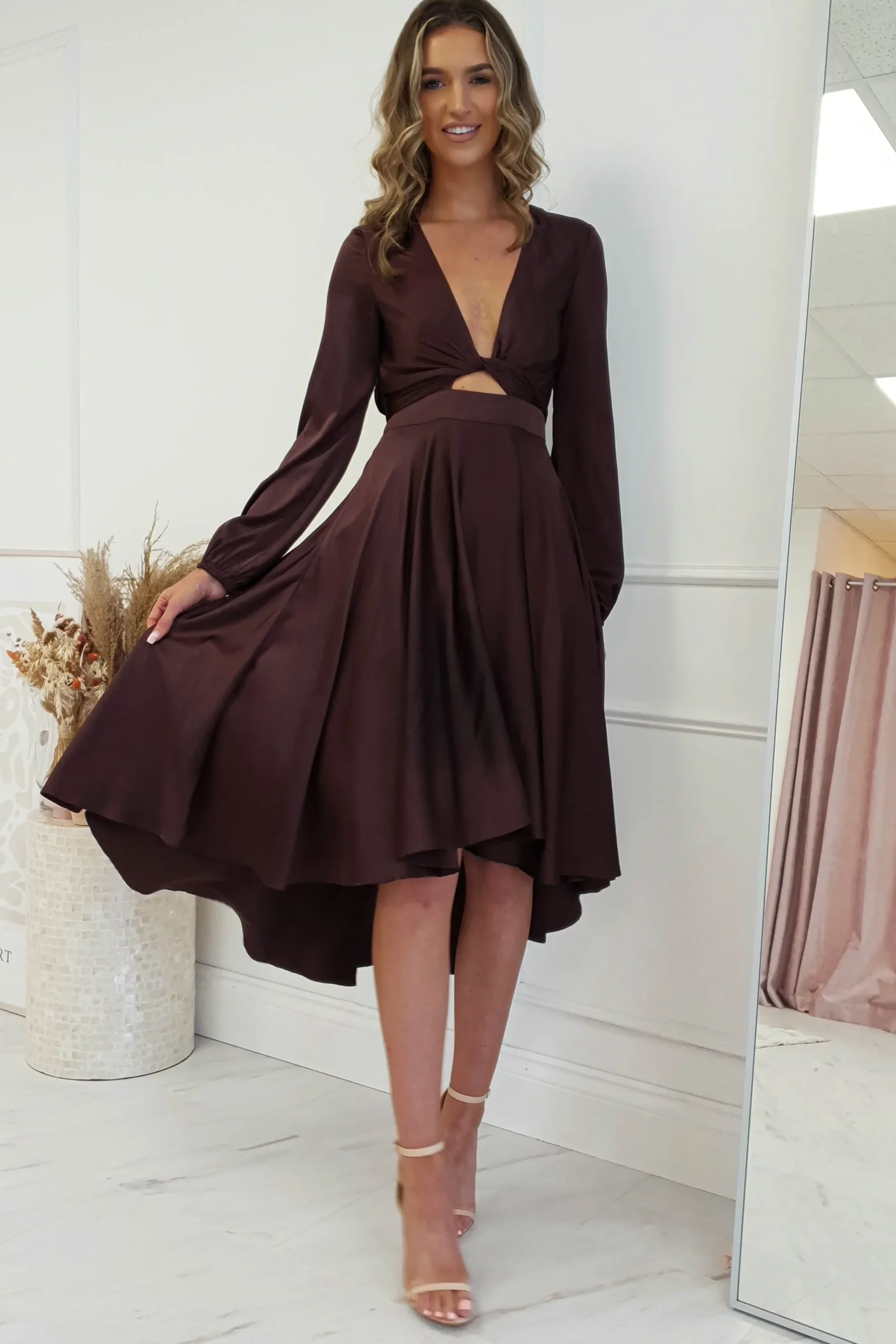 Discount Nicola Satin Tie Front Midi Dress | Chocolate Mittellange Kleider|Midi-kleider