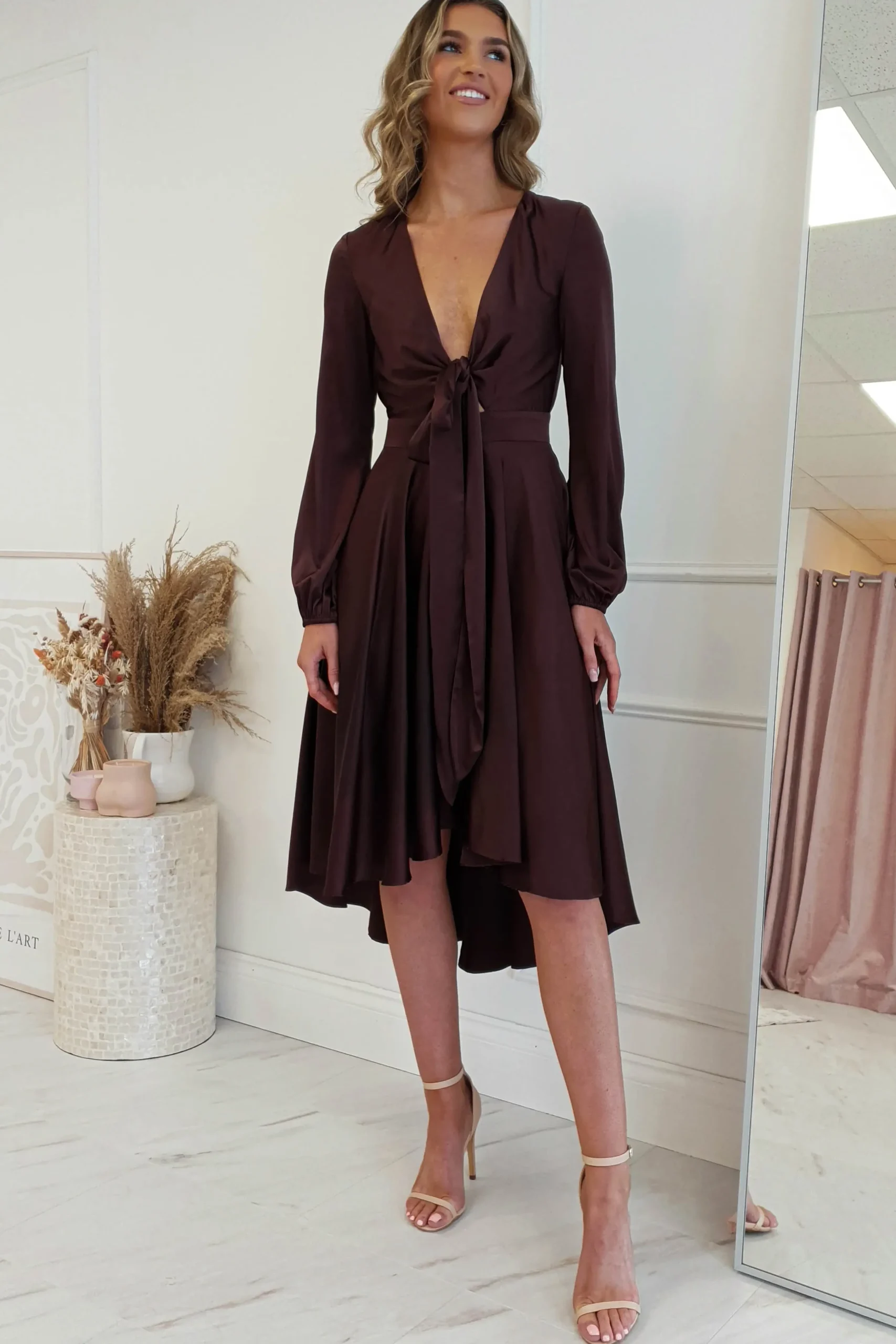 Discount Nicola Satin Tie Front Midi Dress | Chocolate Mittellange Kleider|Midi-kleider