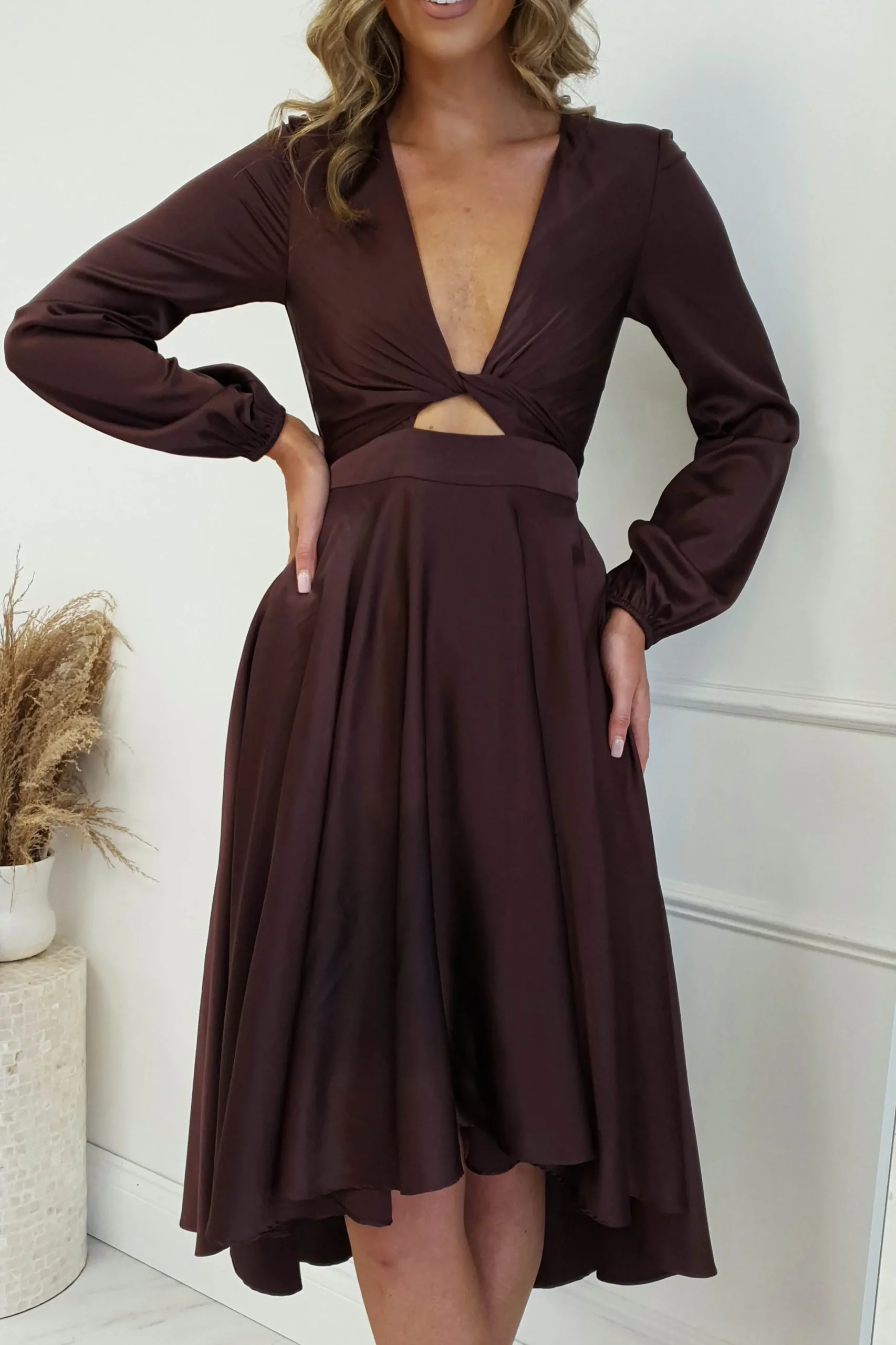 Discount Nicola Satin Tie Front Midi Dress | Chocolate Mittellange Kleider|Midi-kleider