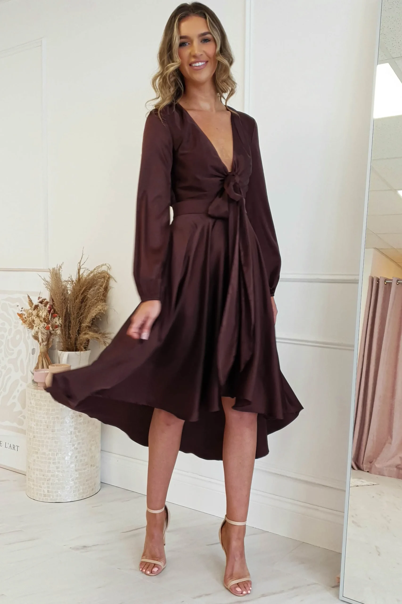 Discount Nicola Satin Tie Front Midi Dress | Chocolate Mittellange Kleider|Midi-kleider