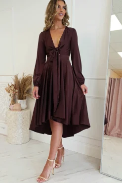 Discount Nicola Satin Tie Front Midi Dress | Chocolate Mittellange Kleider|Midi-kleider