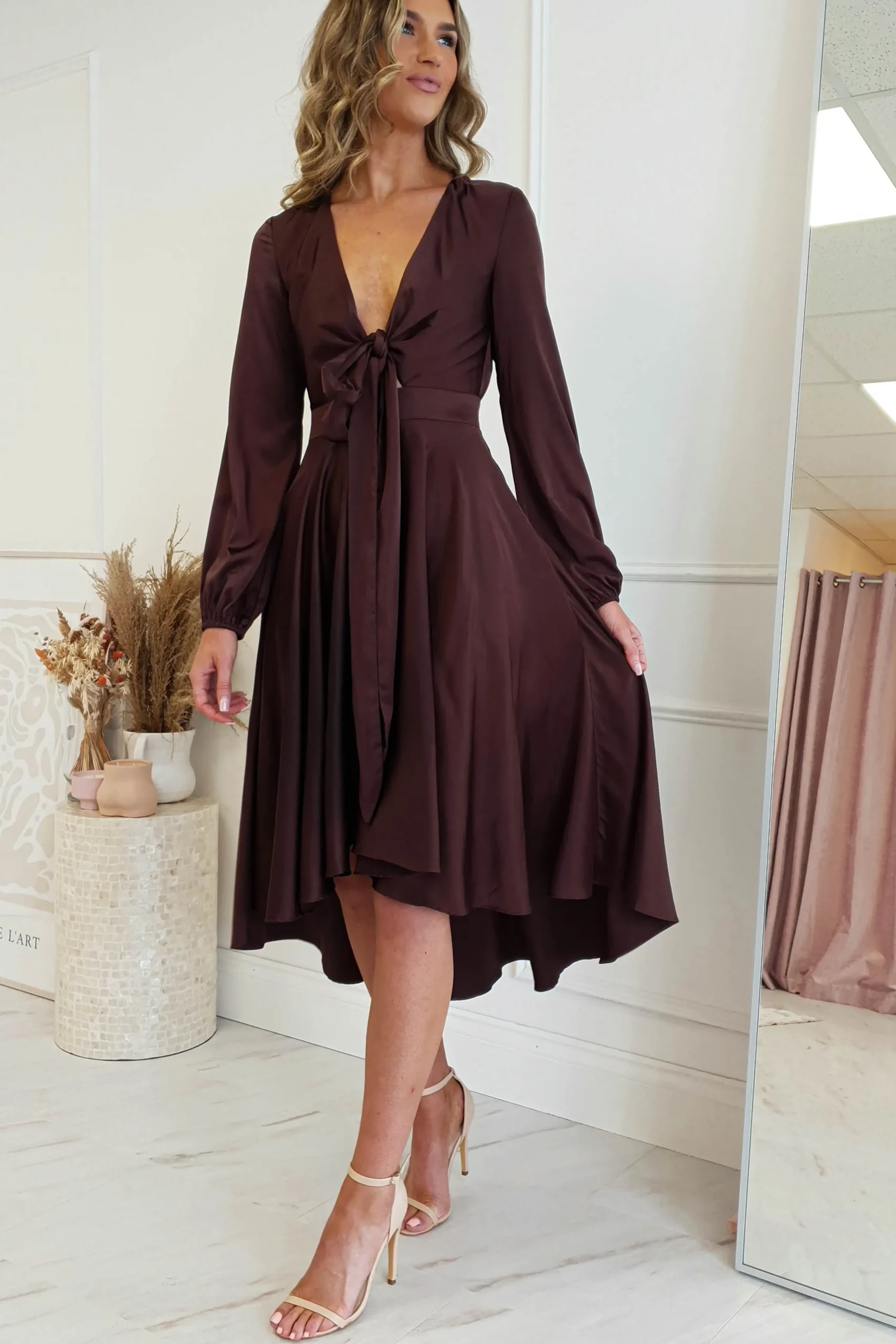 Discount Nicola Satin Tie Front Midi Dress | Chocolate Mittellange Kleider|Midi-kleider