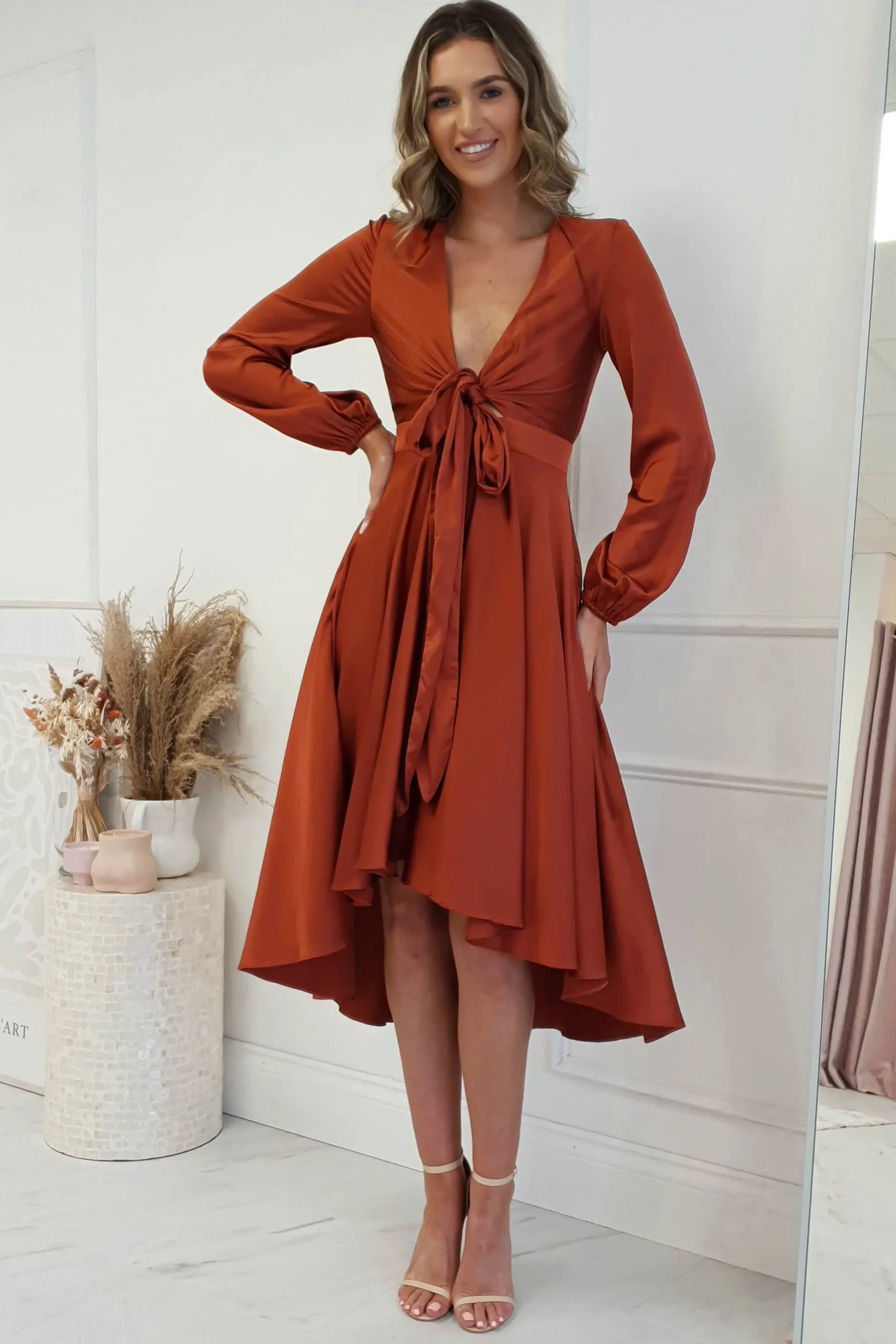 Sale Nicola Satin Tie Front Midi Dress | Rust Mittellange Kleider|Midi-kleider