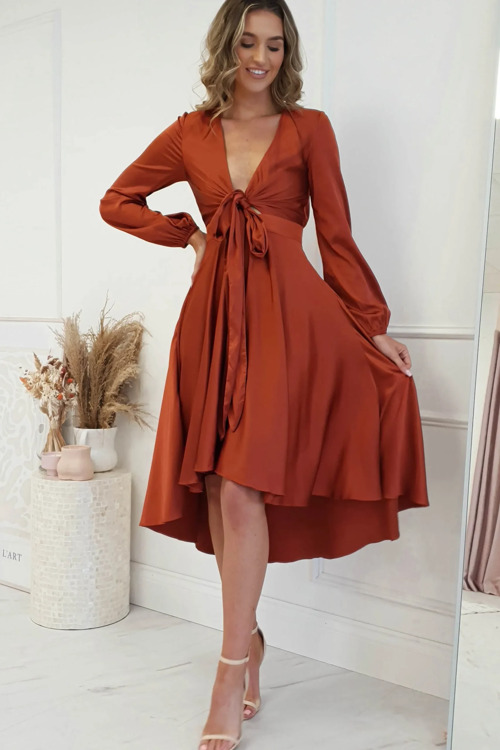 Sale Nicola Satin Tie Front Midi Dress | Rust Mittellange Kleider|Midi-kleider