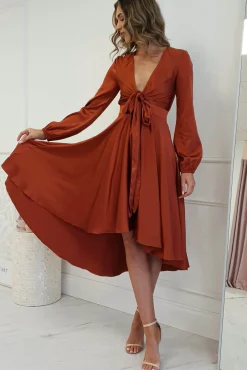 Sale Nicola Satin Tie Front Midi Dress | Rust Mittellange Kleider|Midi-kleider