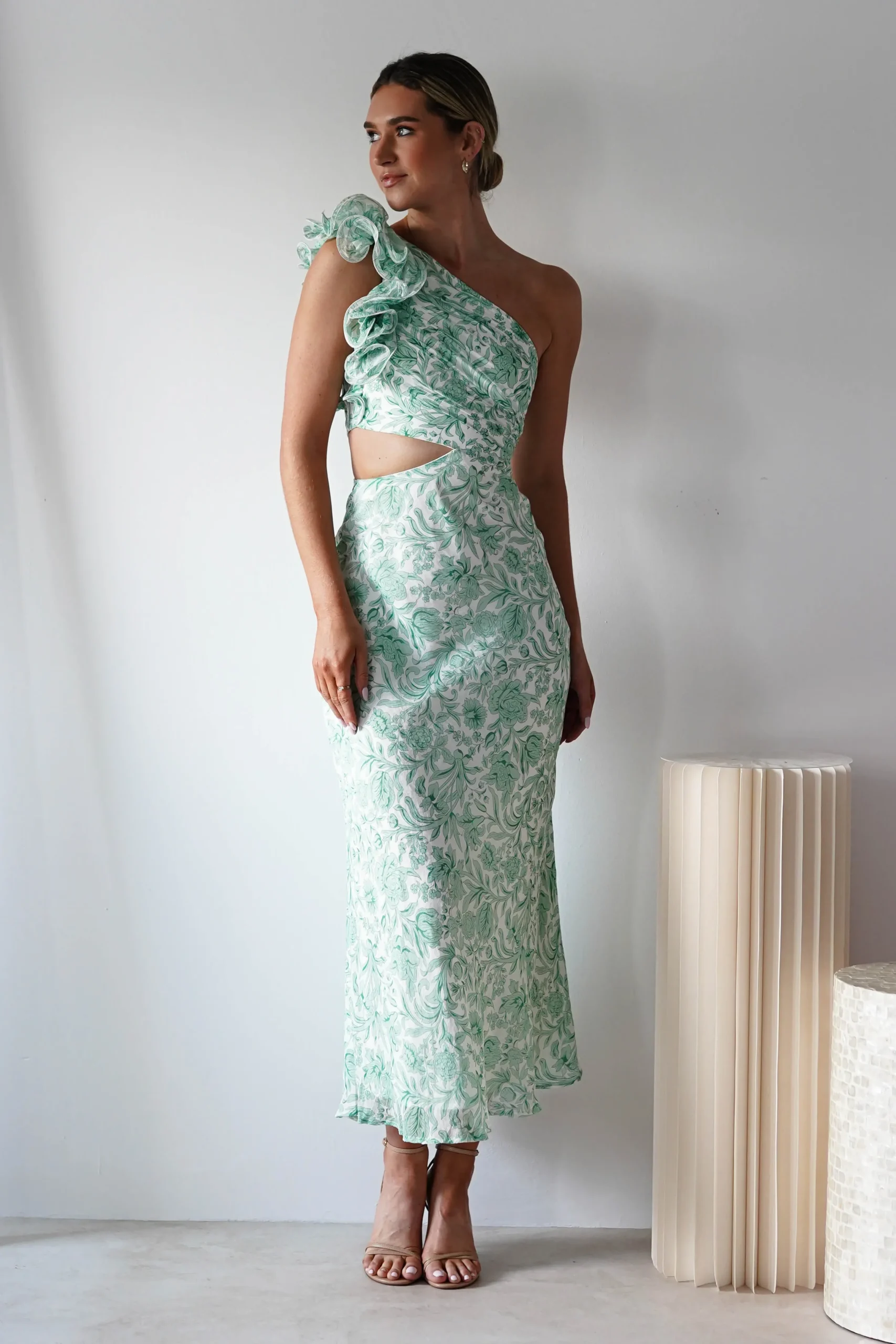 Fashion Pertunia Cut Out Midaxi Dress | Green Print Lange Kleider|Maxikleider
