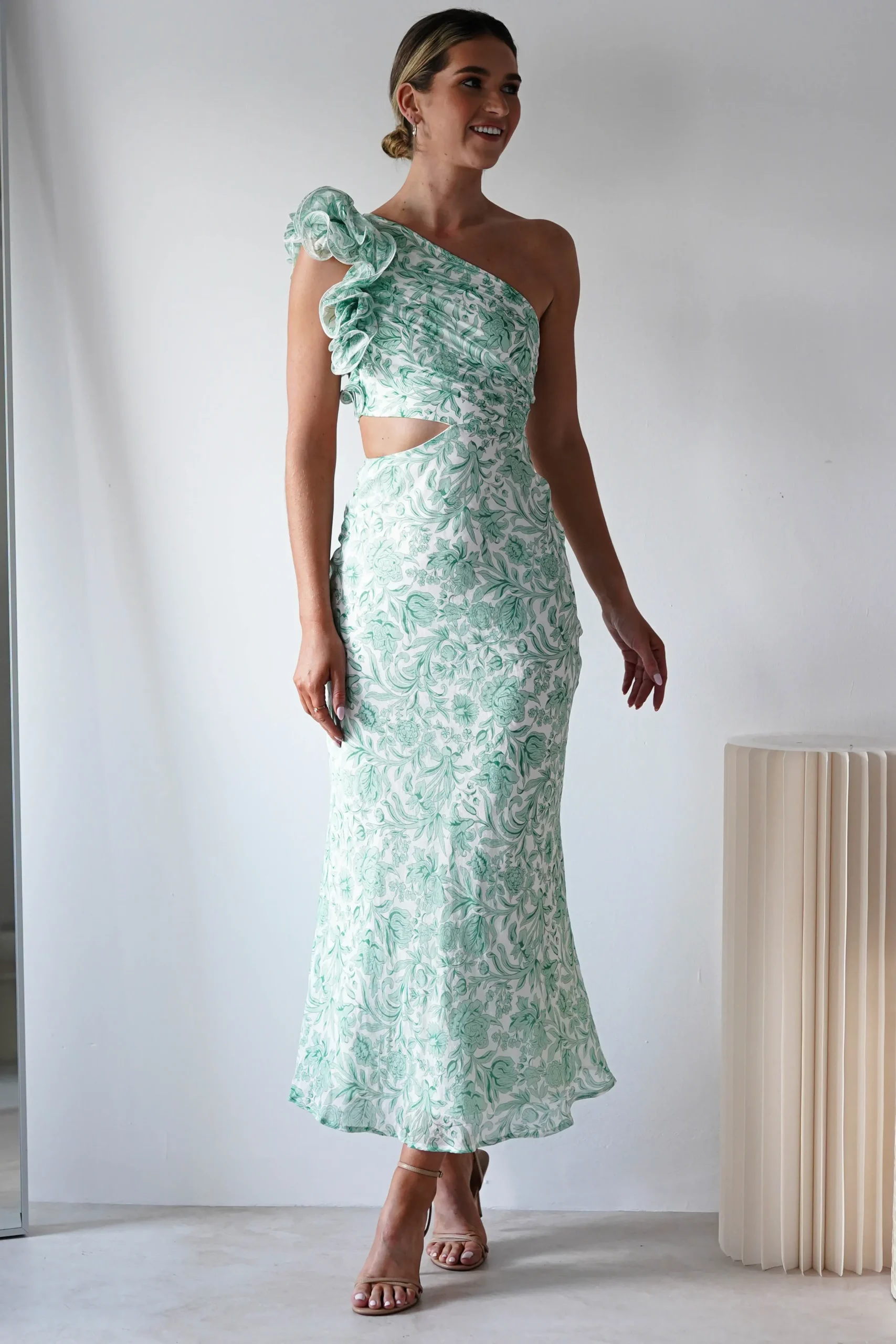 Fashion Pertunia Cut Out Midaxi Dress | Green Print Lange Kleider|Maxikleider