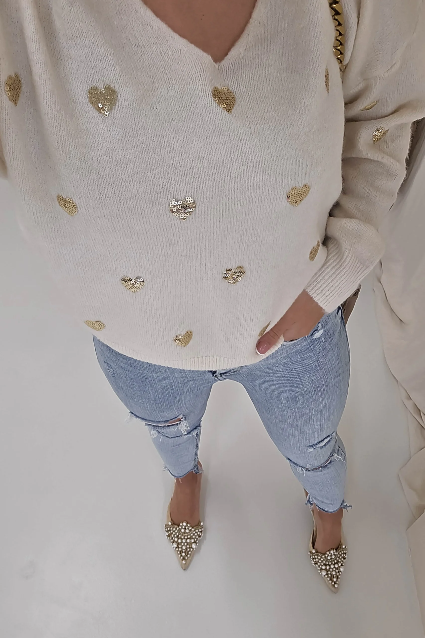 Outlet Pia Sequin Heart Detail Jumper | Beige Strickwaren|Pullover Und Strickjacken