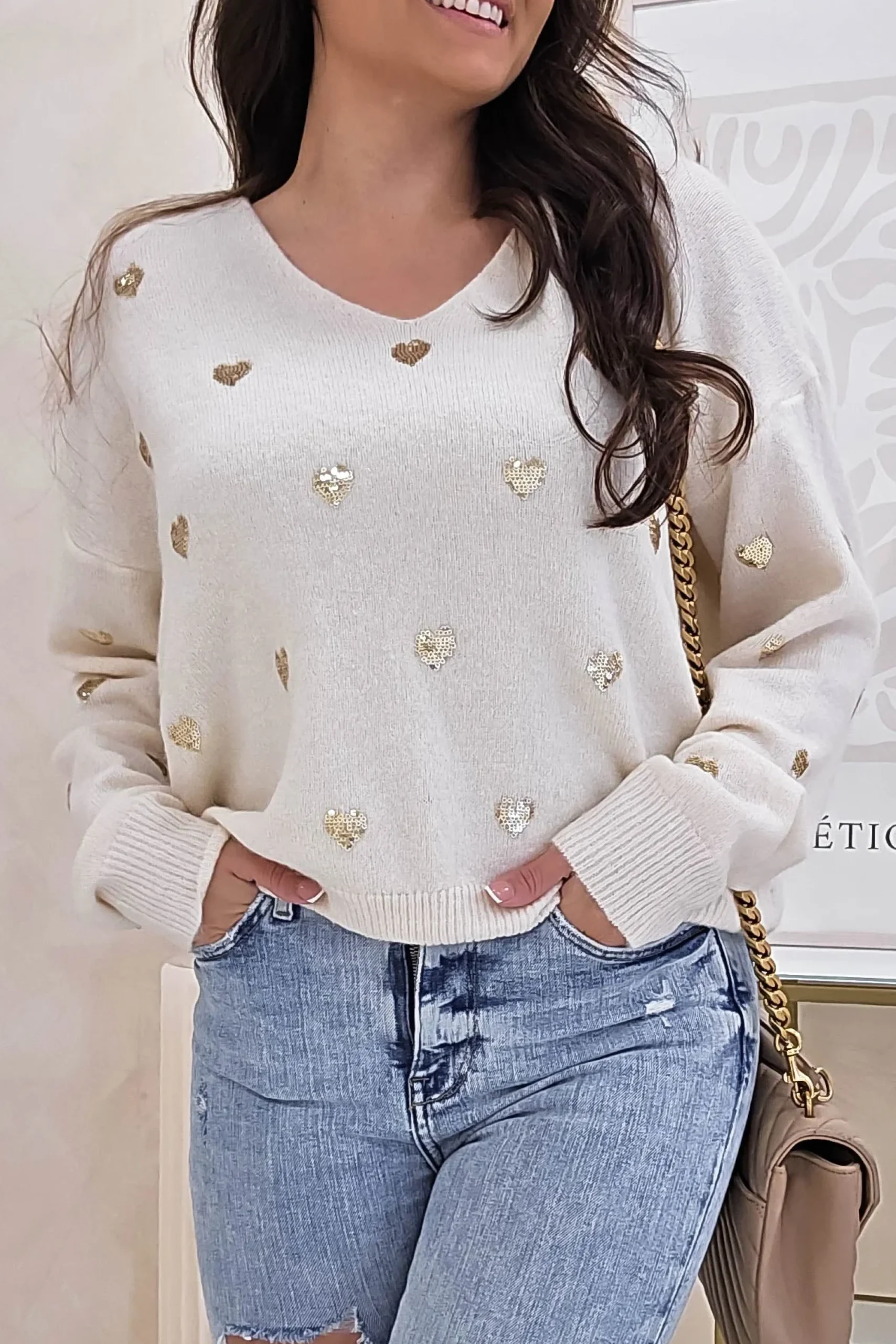 Outlet Pia Sequin Heart Detail Jumper | Beige Strickwaren|Pullover Und Strickjacken