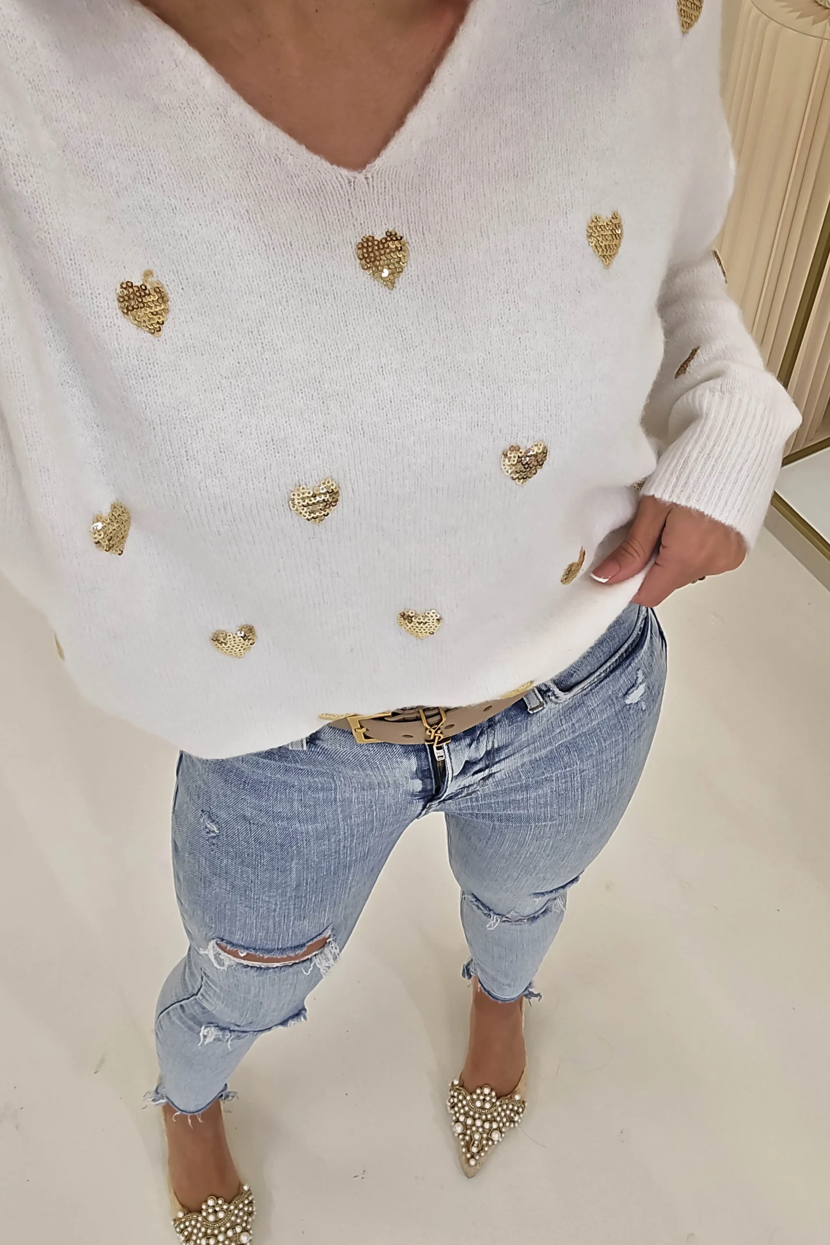 Best Pia Sequin Heart Detail Jumper | White Strickwaren|Pullover Und Strickjacken