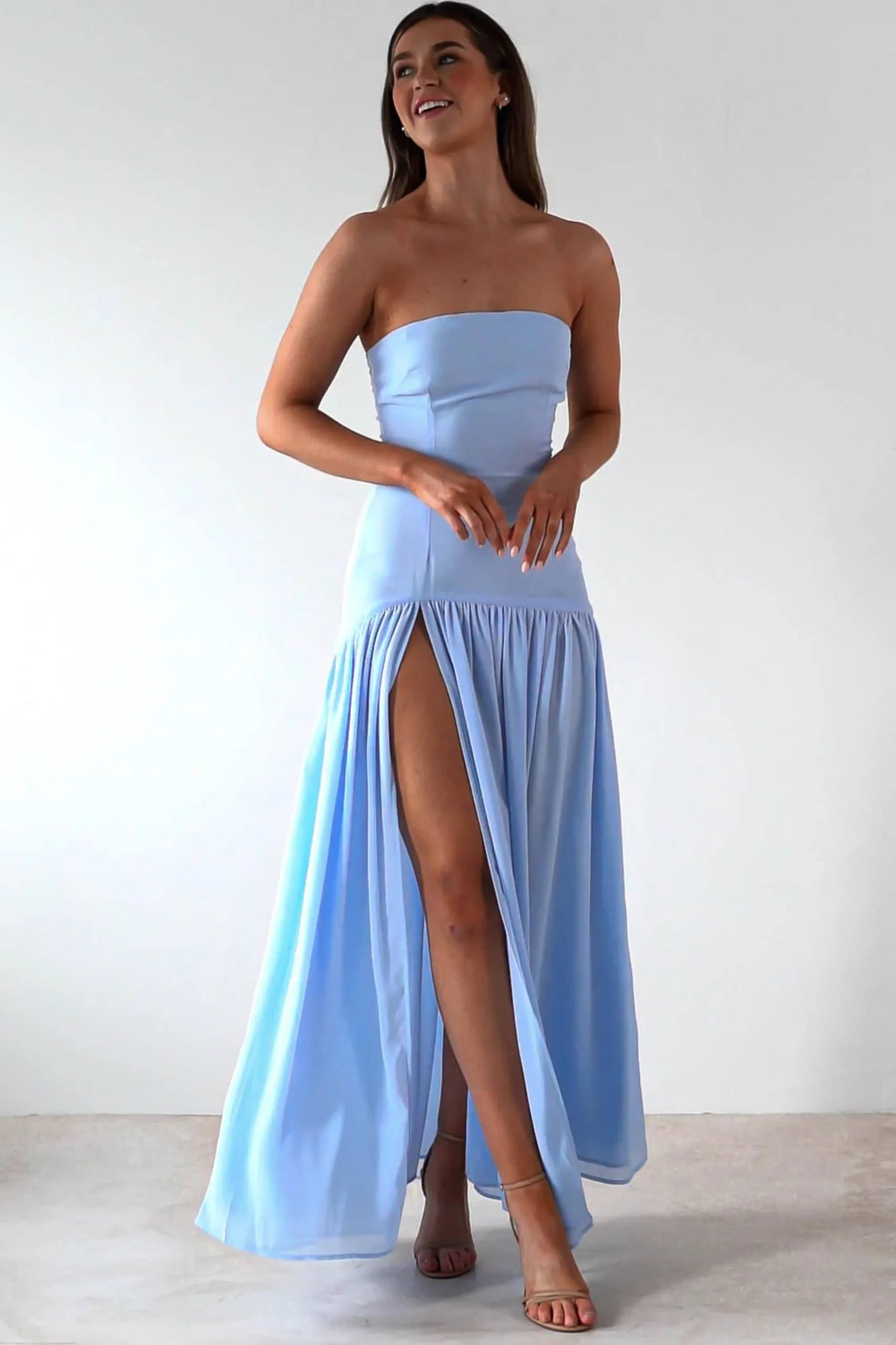 Hot Polinna Strapless Chiffon Maxi Dress | Blue Lange Kleider|Maxikleider