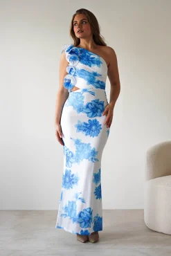 Online Rhia Ruffle Floral Maxi Dress | Blue/White Lange Kleider|Maxikleider