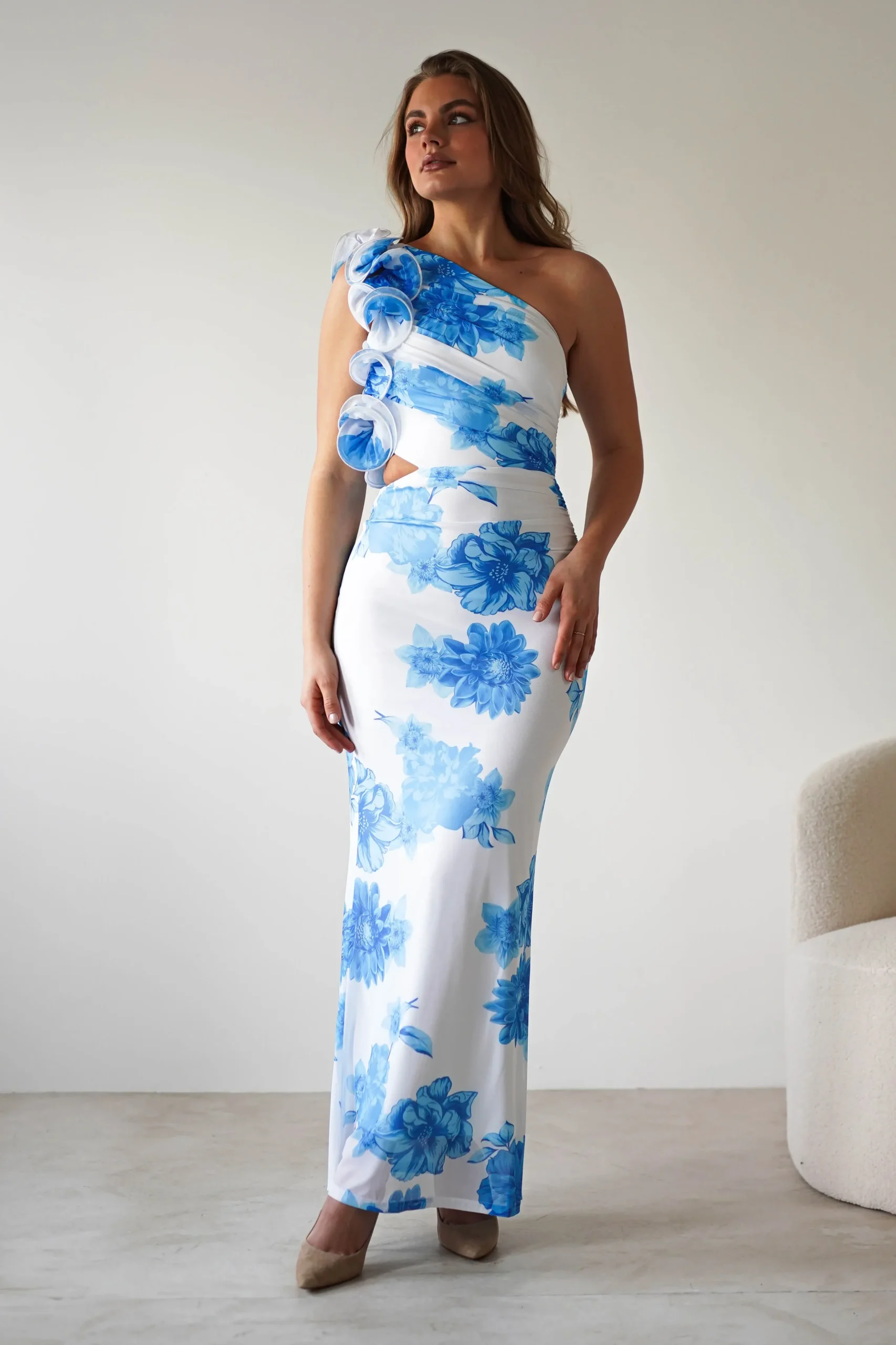 Online Rhia Ruffle Floral Maxi Dress | Blue/White Lange Kleider|Maxikleider