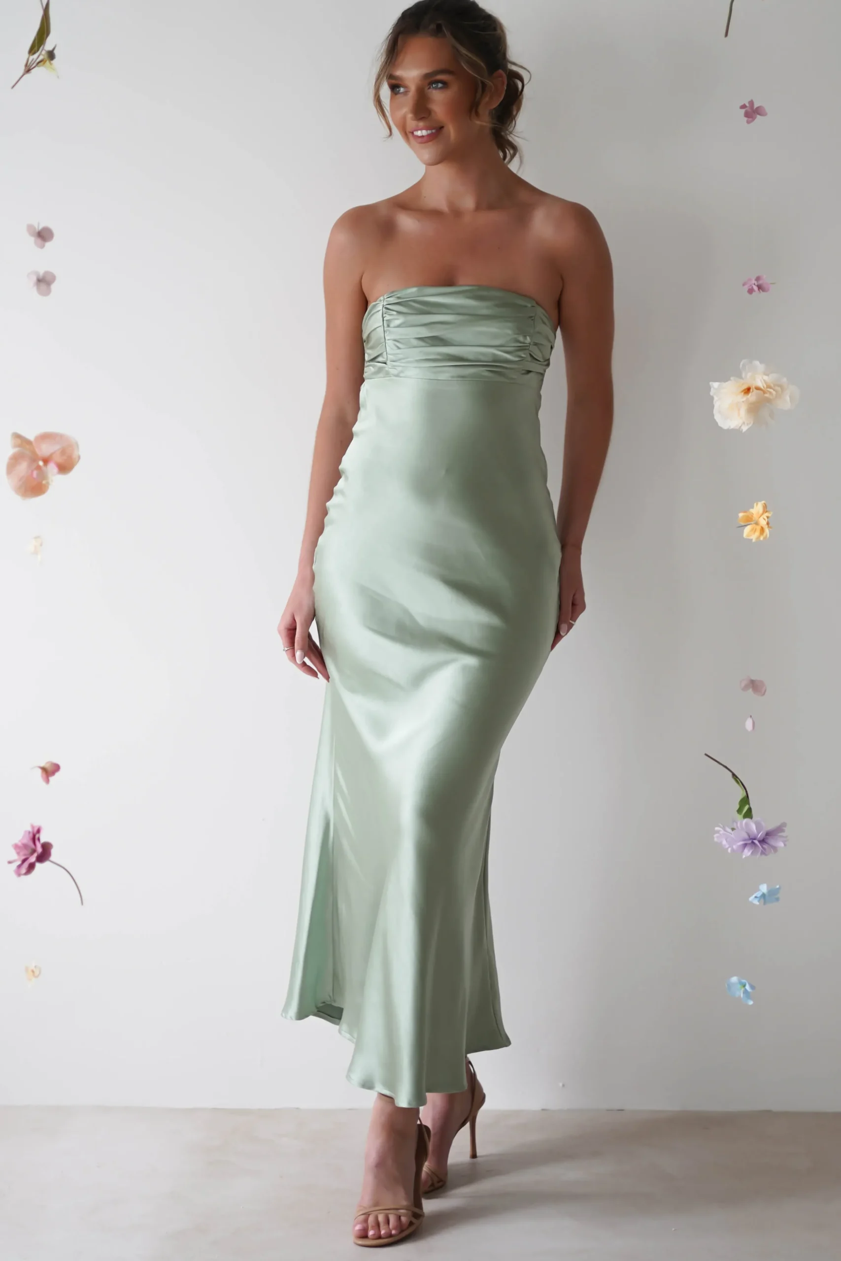 Outlet Rochelle Soft Satin Maxi Dress | Sage Green Lange Kleider|Maxikleider