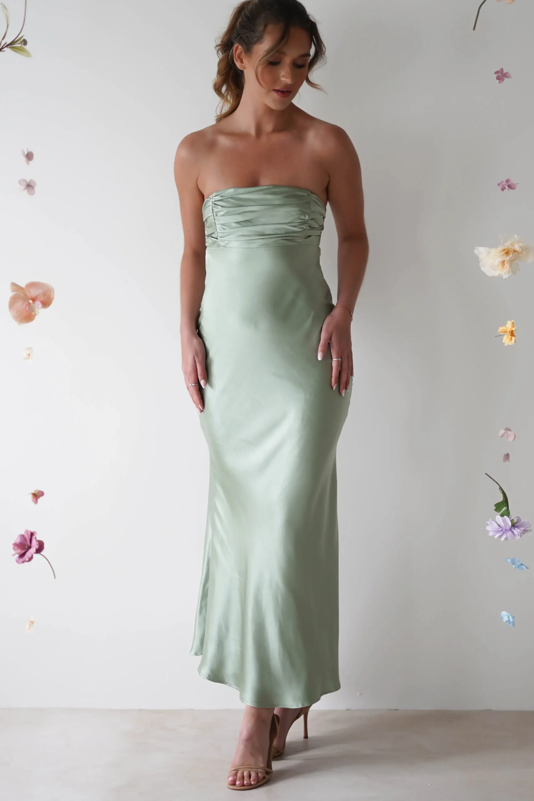 Outlet Rochelle Soft Satin Maxi Dress | Sage Green Lange Kleider|Maxikleider