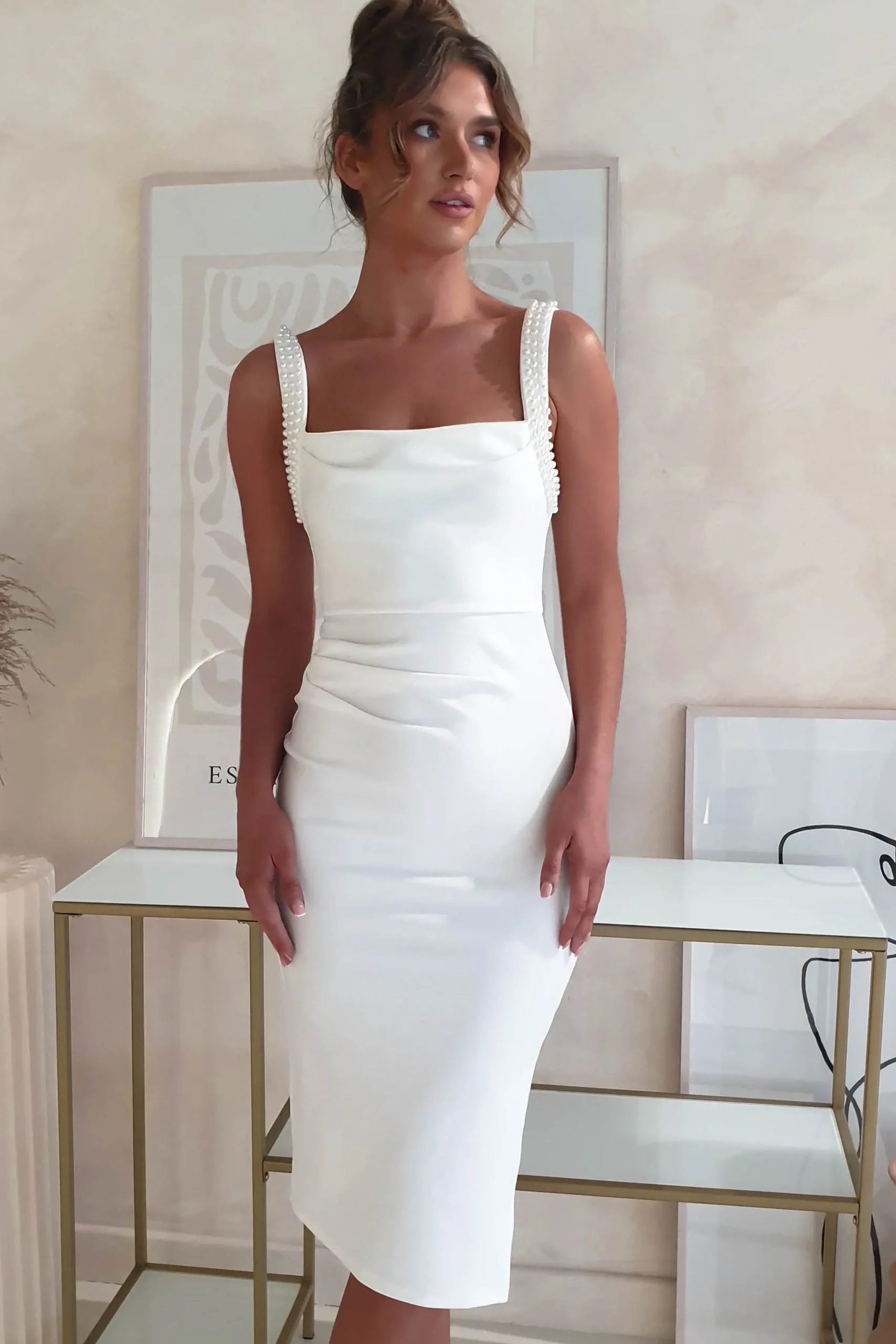 Online Salena Pearl Detail Bodycon Midi Dress | White Mittellange Kleider|Midi-kleider