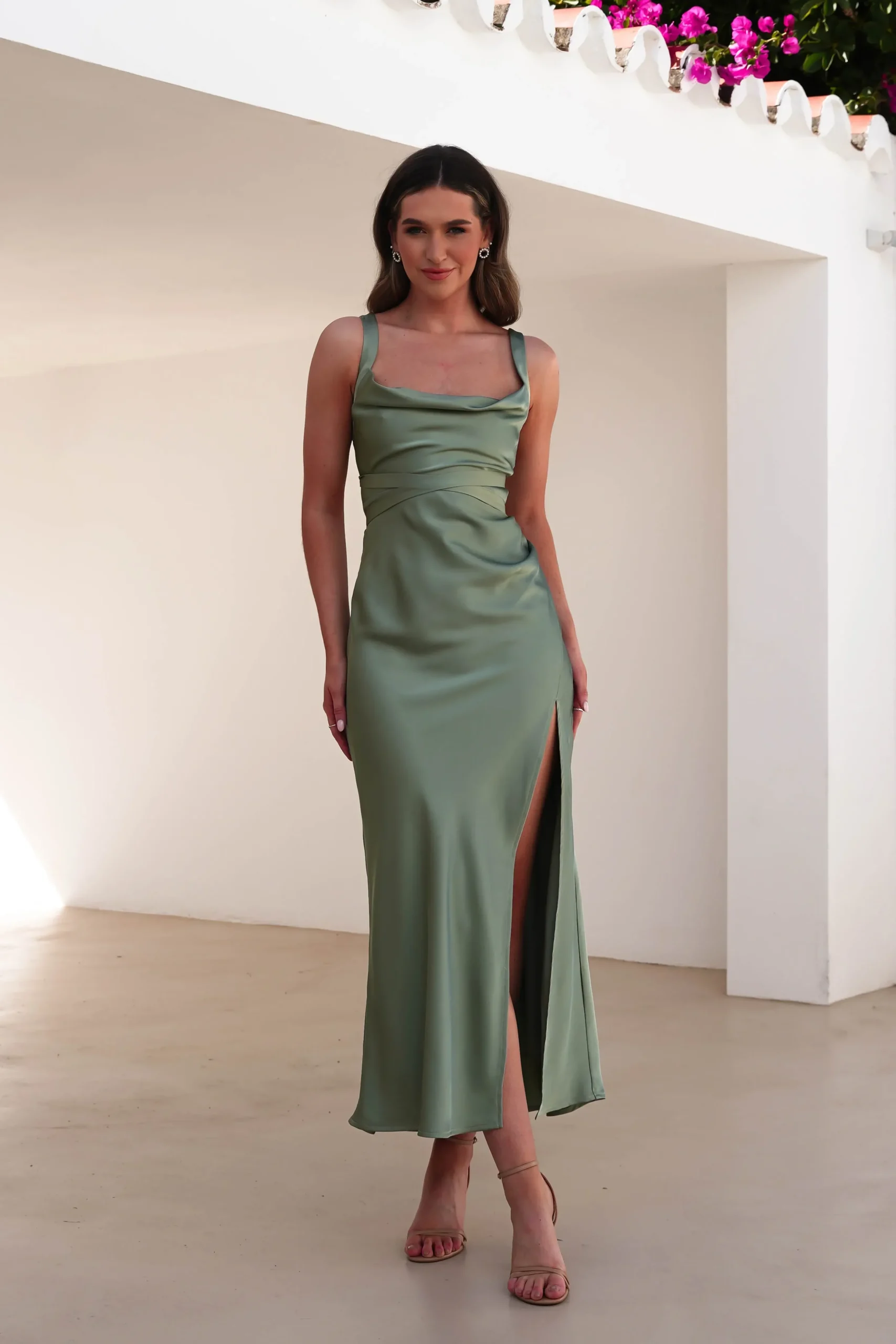 Hot Salma Soft Matte Satin Midaxi Dress | Olive Lange Kleider|Maxikleider