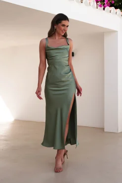 Hot Salma Soft Matte Satin Midaxi Dress | Olive Lange Kleider|Maxikleider