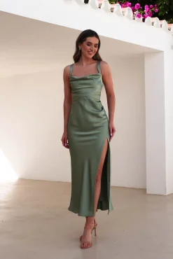 Hot Salma Soft Matte Satin Midaxi Dress | Olive Lange Kleider|Maxikleider