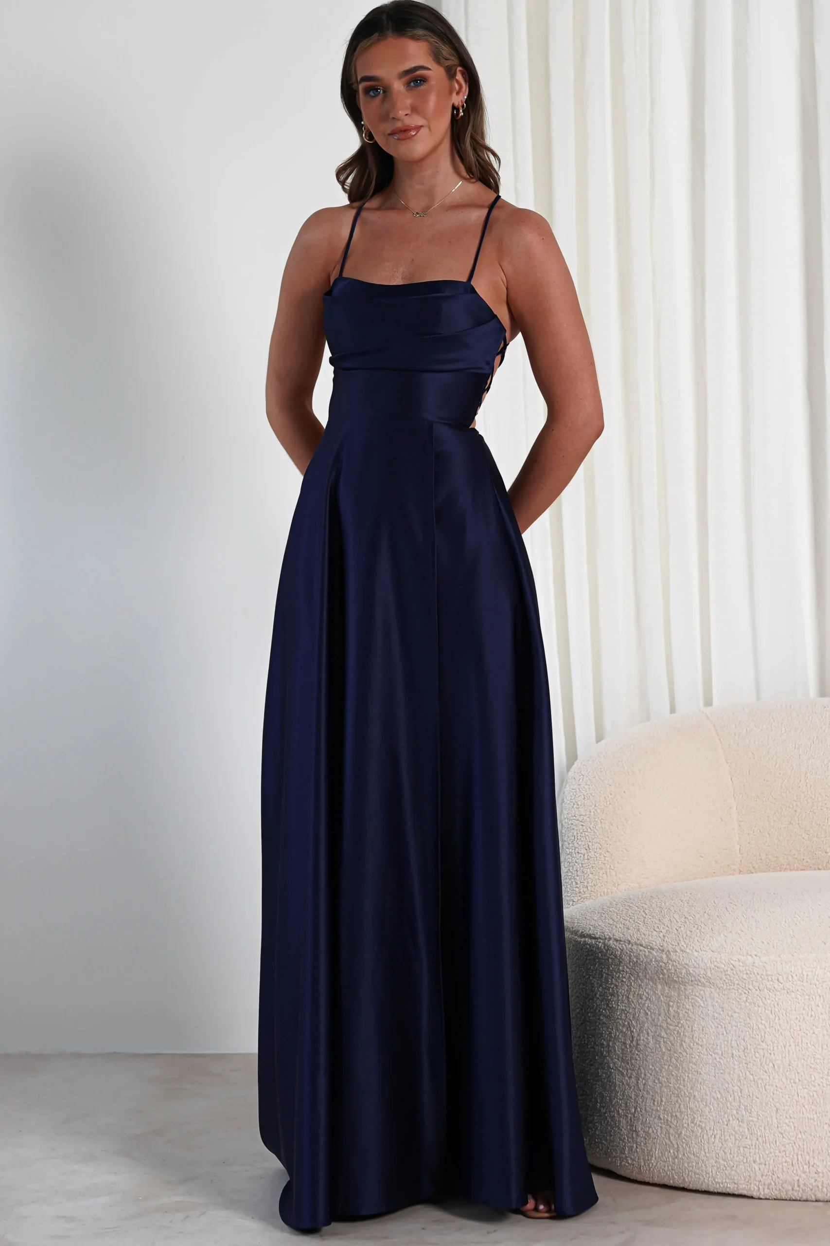 Hot Shantal Satin Gown | Navy Sommerkleider|Sommerkleider