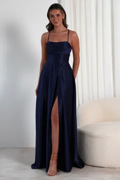 Hot Shantal Satin Gown | Navy Sommerkleider|Sommerkleider