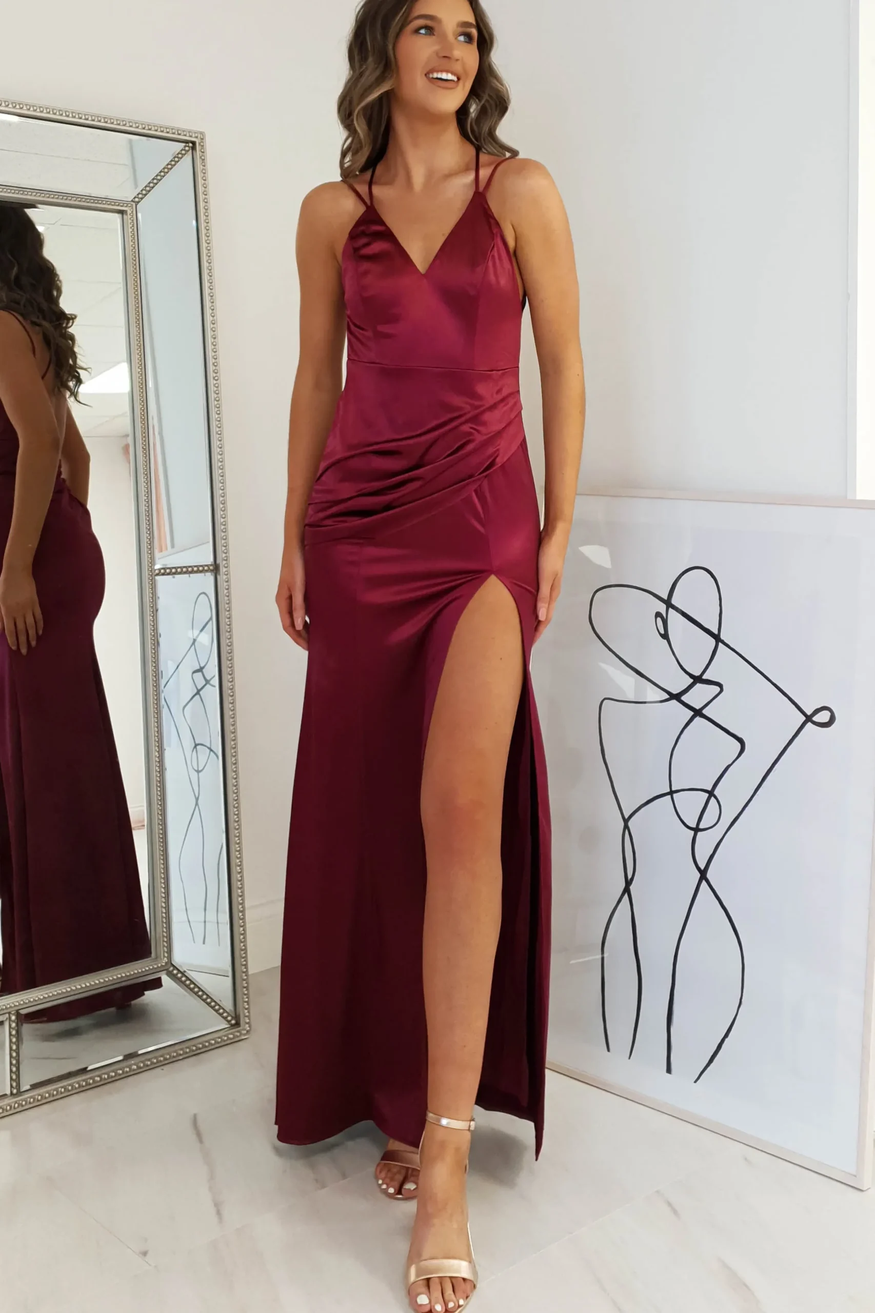 Fashion Simone Satin Gown | Burgundy Sommerkleider|Sommerkleider