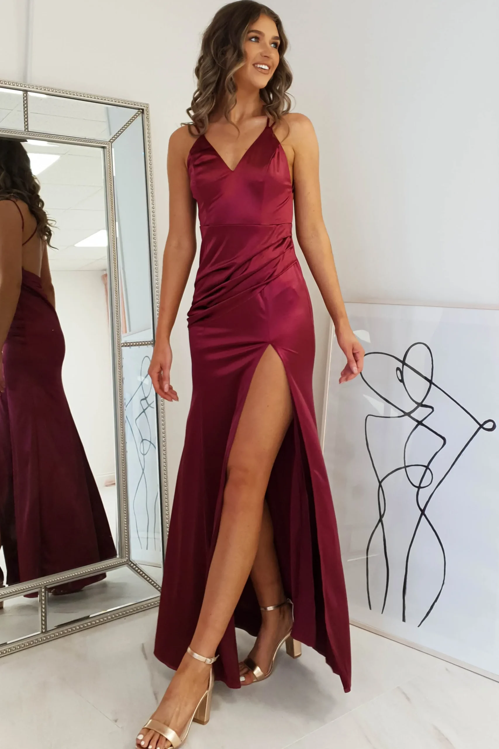 Fashion Simone Satin Gown | Burgundy Sommerkleider|Sommerkleider