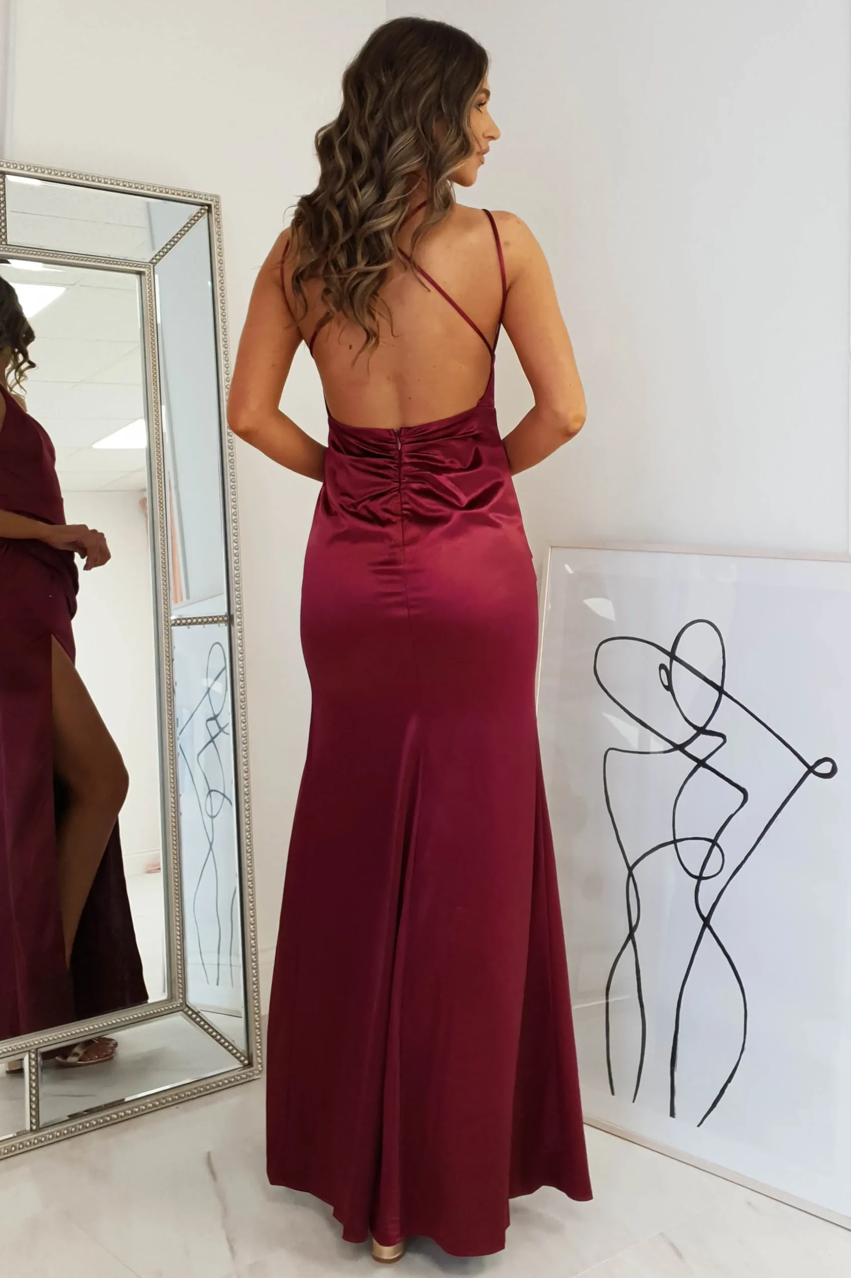 Fashion Simone Satin Gown | Burgundy Sommerkleider|Sommerkleider