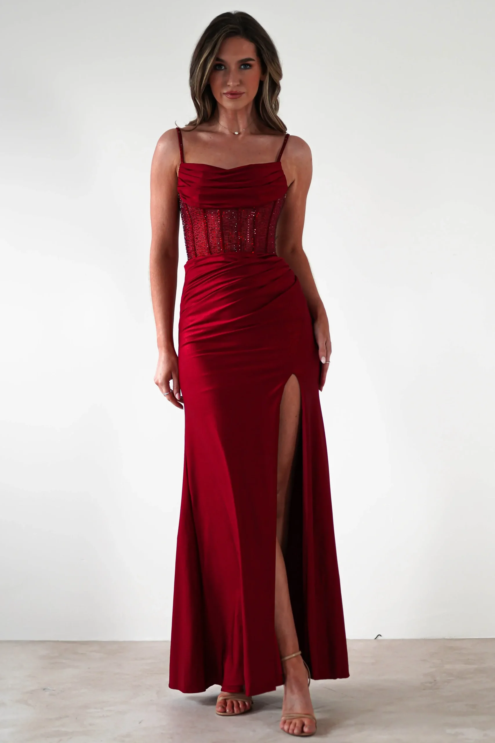 Online Stefani Rhinestone Bodice Gown | Burgundy Sommerkleider|Sommerkleider