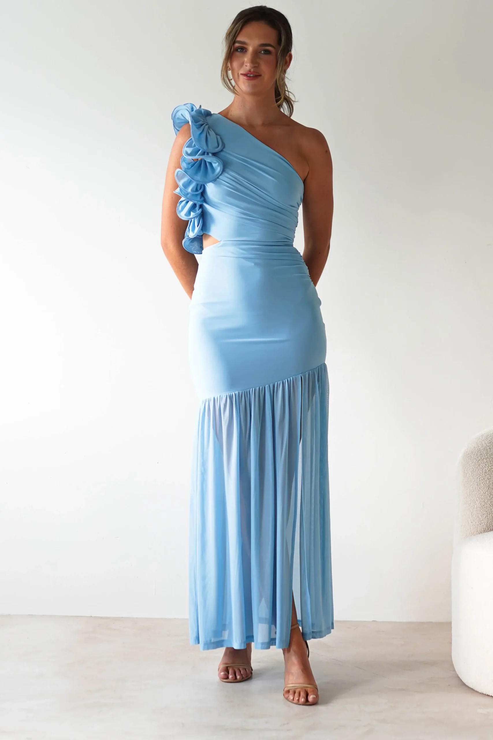 Best Stephanie Mesh Ruffle Maxi Dress | Blue Lange Kleider|Maxikleider