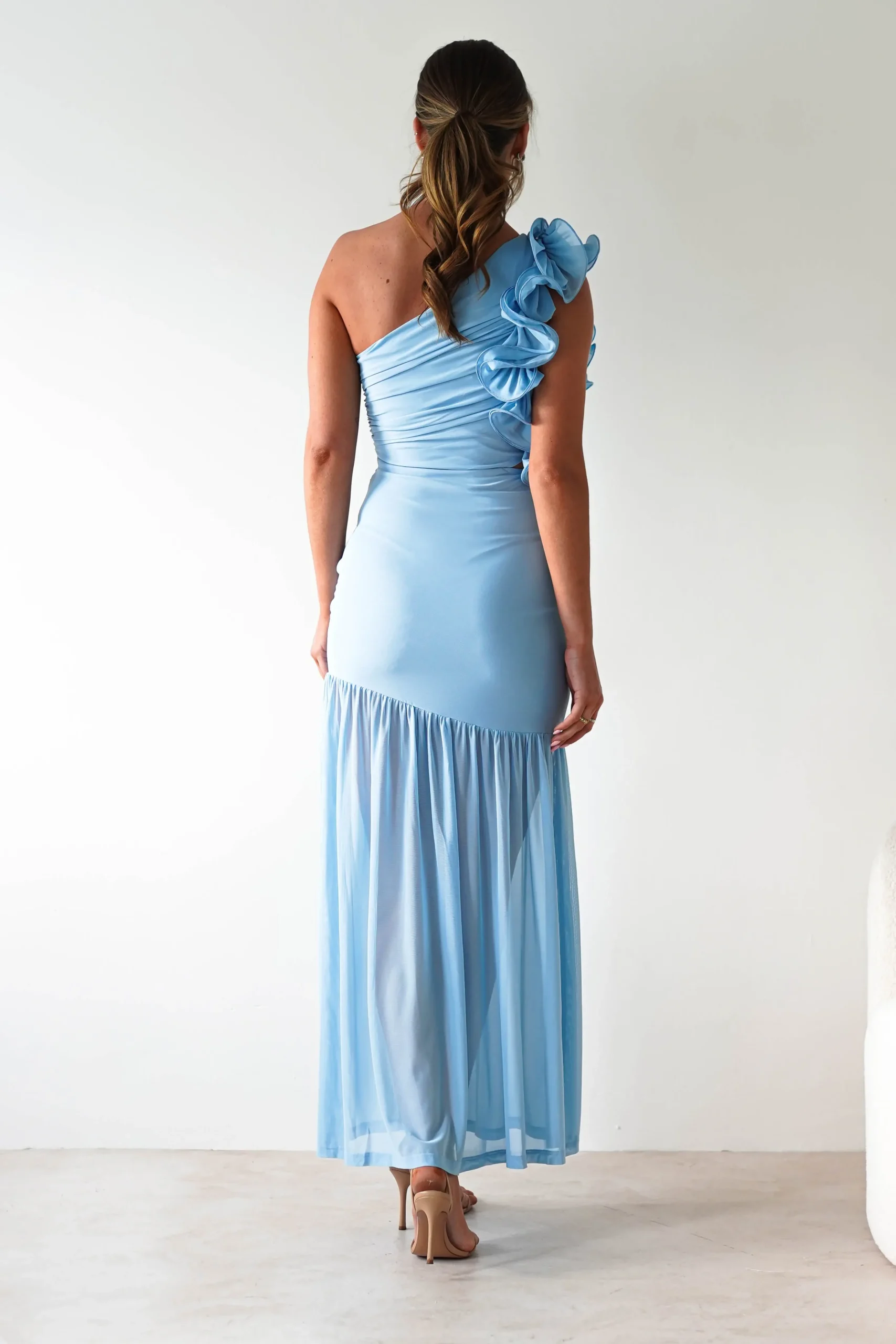 Best Stephanie Mesh Ruffle Maxi Dress | Blue Lange Kleider|Maxikleider