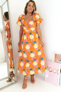 Best Sweet Flower Midi Dress | Orange Mittellange Kleider|Midi-kleider
