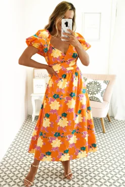 Best Sweet Flower Midi Dress | Orange Mittellange Kleider|Midi-kleider