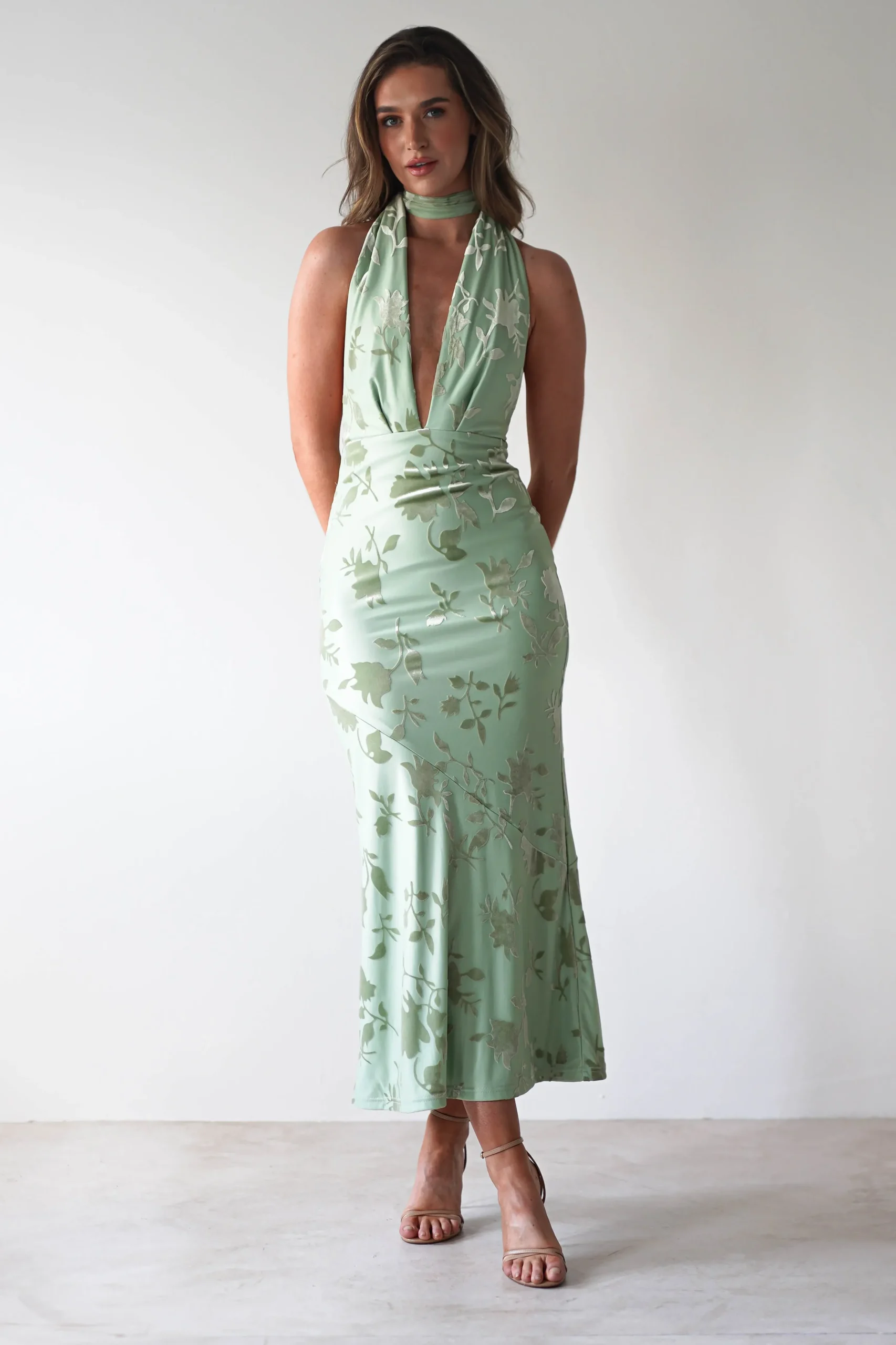 Fashion Tara Floral Jacquard Maxi Dress | Light Green Mittellange Kleider|Midi-kleider