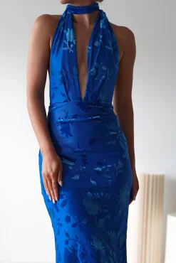 Clearance Tara Floral Jacquard Maxi Dress | Royal Blue Lange Kleider|Maxikleider