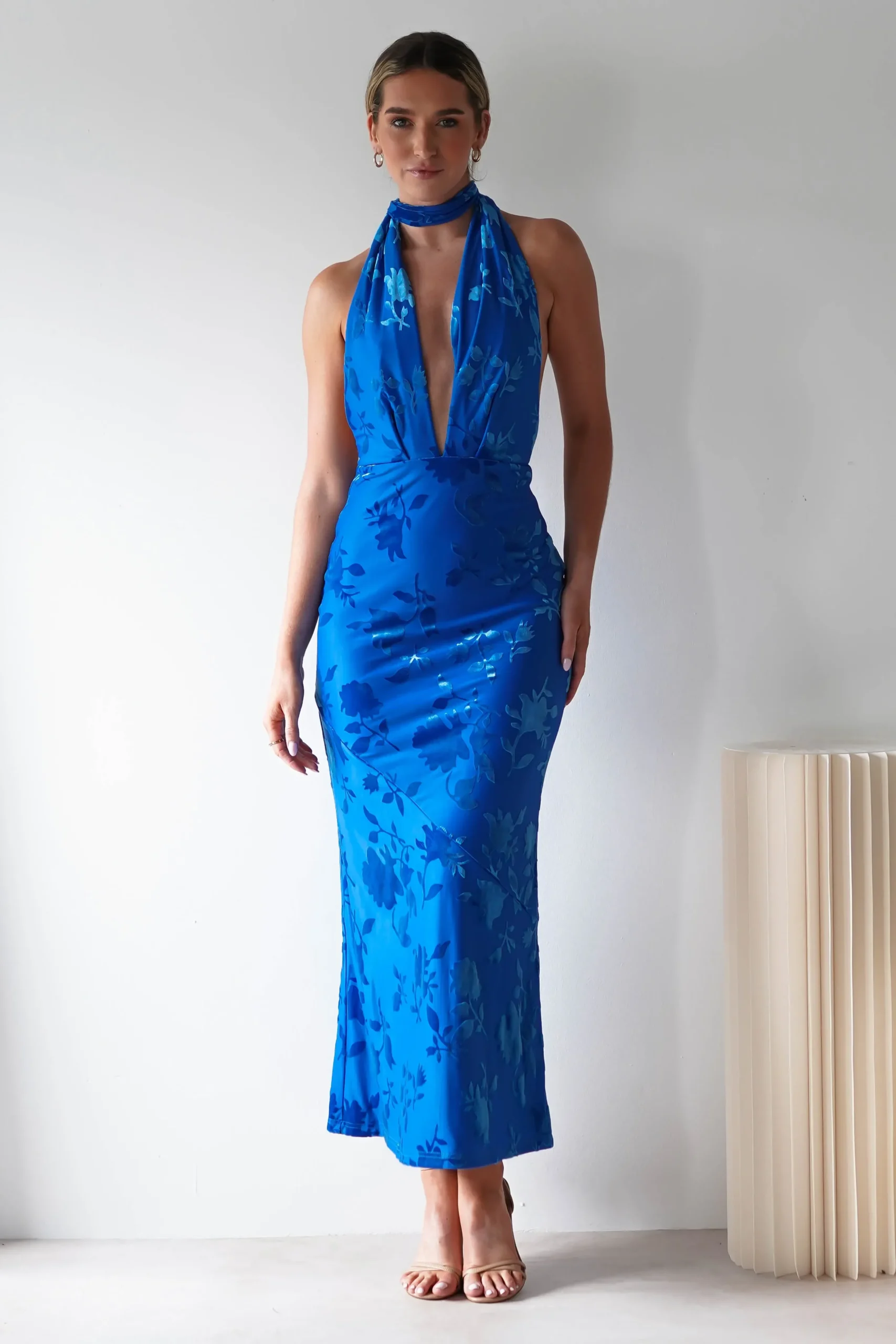Clearance Tara Floral Jacquard Maxi Dress | Royal Blue Lange Kleider|Maxikleider