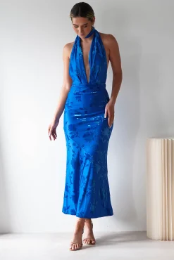 Clearance Tara Floral Jacquard Maxi Dress | Royal Blue Lange Kleider|Maxikleider
