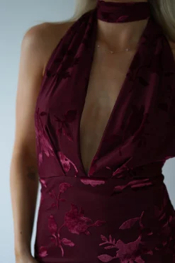 Clearance Tara Floral Jacquard Maxi Dress | Wine Lange Kleider|Maxikleider