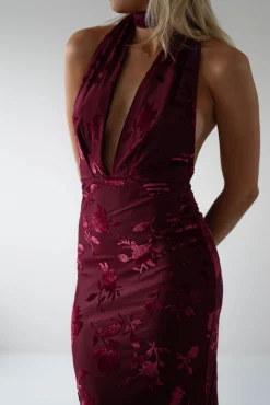 Clearance Tara Floral Jacquard Maxi Dress | Wine Lange Kleider|Maxikleider